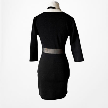 Vintage Y2K Black Mesh Cutout 3/4 Sleeve Knit Bodycon Mini Dress Size M