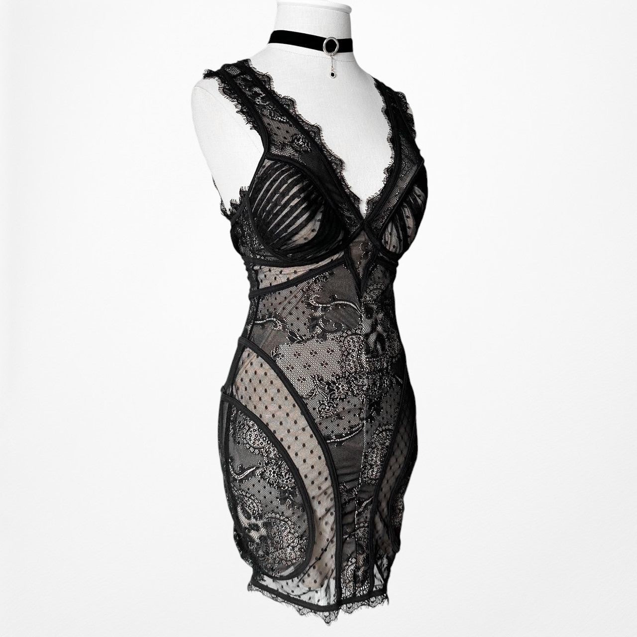 Black Lace Mesh Bodycon Corset Bustier Style Mini Dress Size XS/S