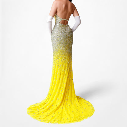 Vintage Yellow Rhinestone Beaded Cutout Maxi Prom Dress Size XS/S