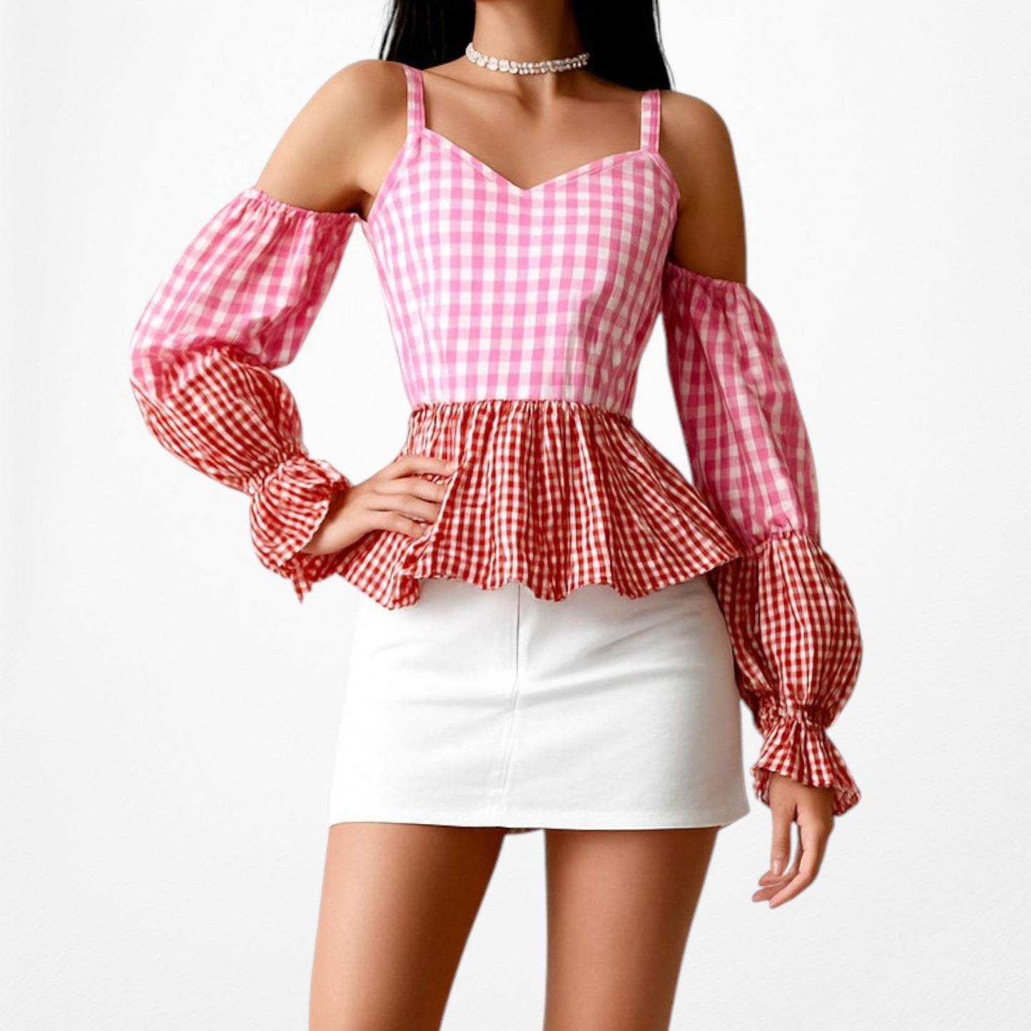 Pink Red Cold Shoulder Plaid Checkered Long Puffy Sleeve Peplum Top Size XS