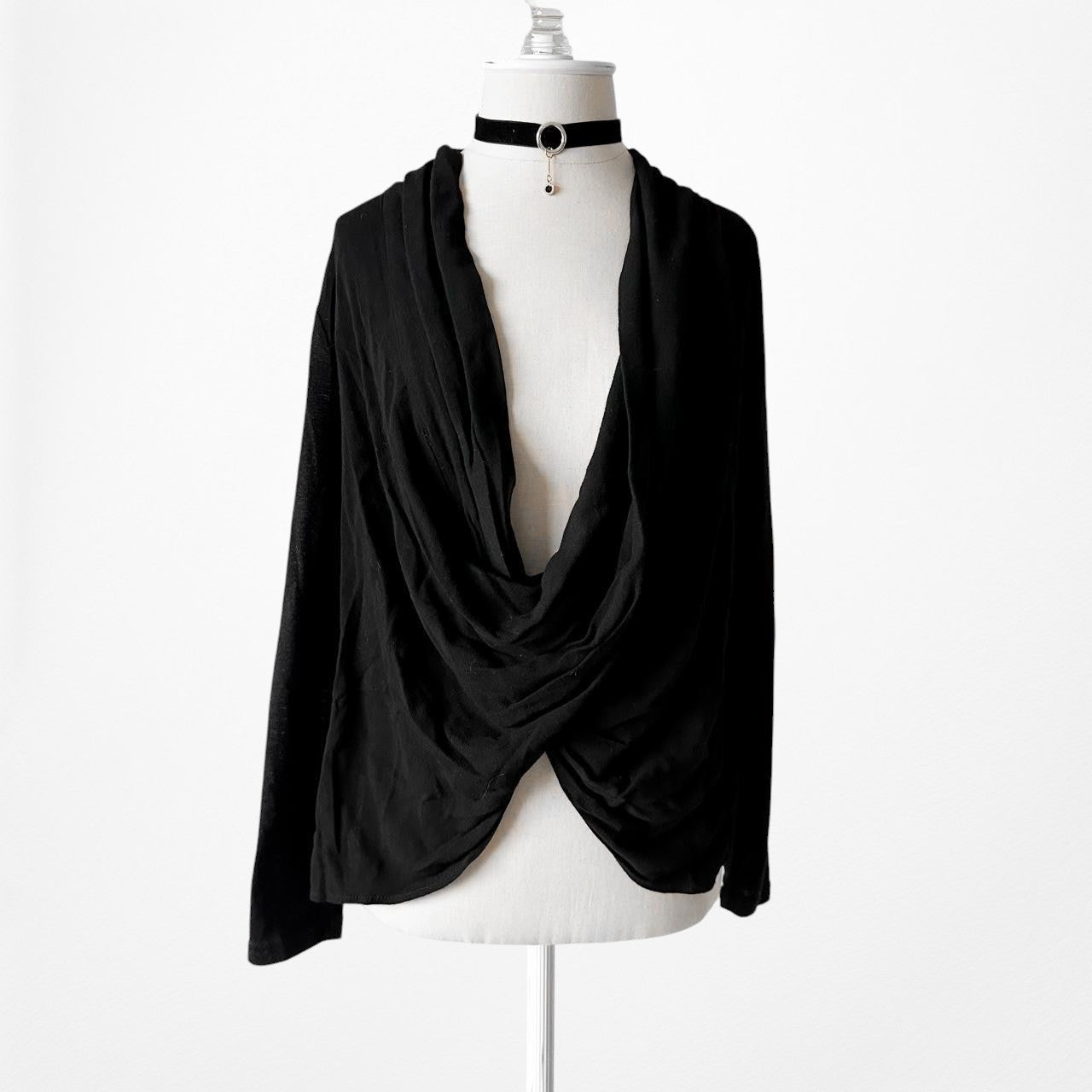 Vintage Black Plunging Cowl Neck Pullover Oversized Knit Sweater Top Size S