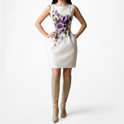 Nine West Beige Nude Sleeveless Floral Knee Length Skater Flared Dress Size 4/M