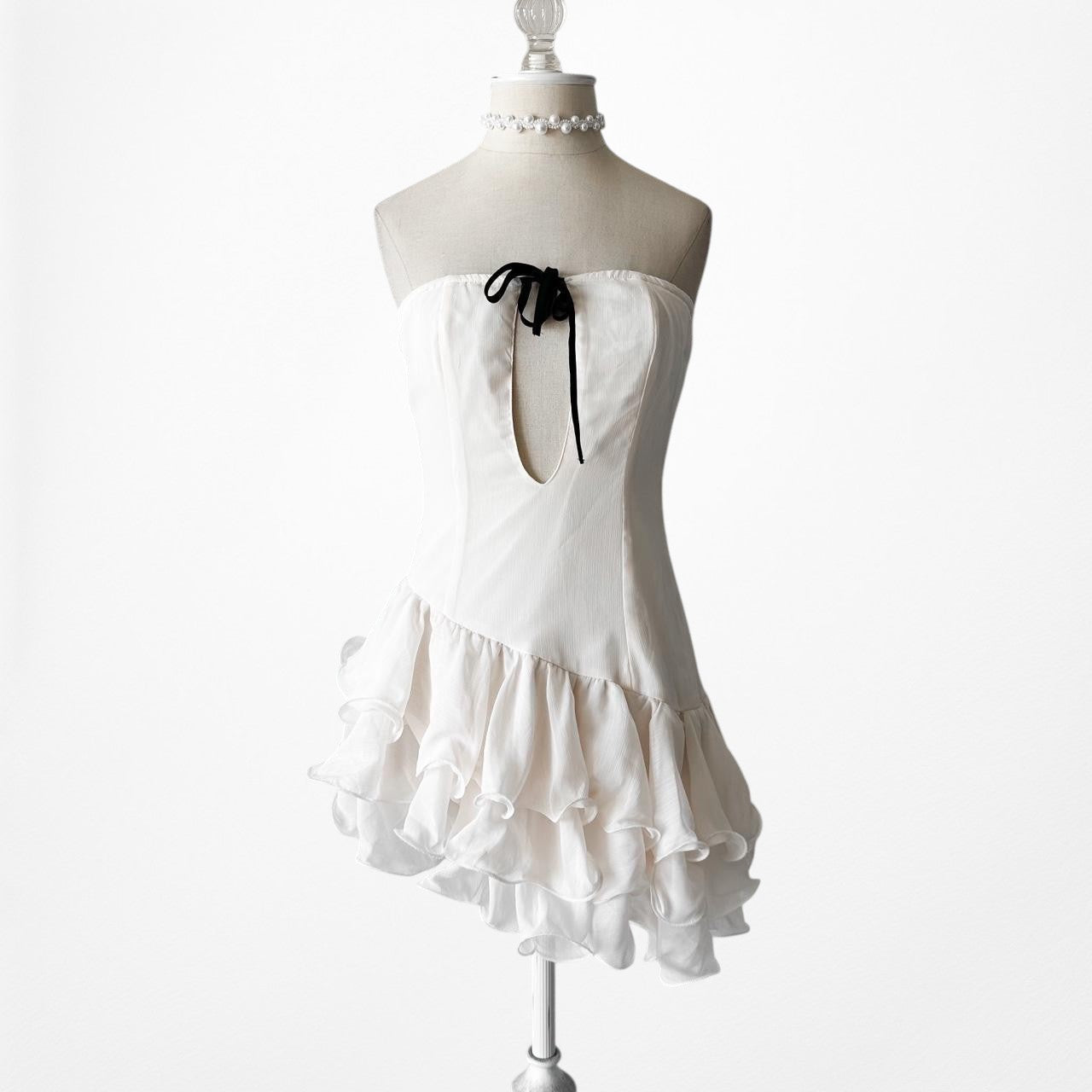 Off White Strapless Ruffle Asymmetric Hem Fit Flared Mini Dress Size S/M