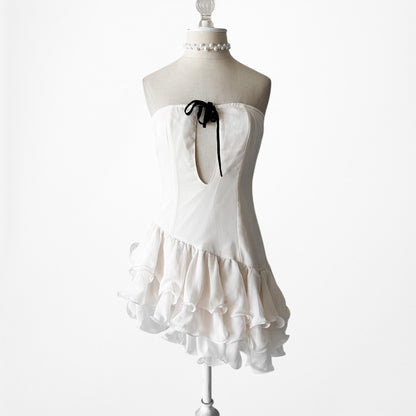 Off White Strapless Ruffle Asymmetric Hem Fit Flared Mini Dress Size S/M
