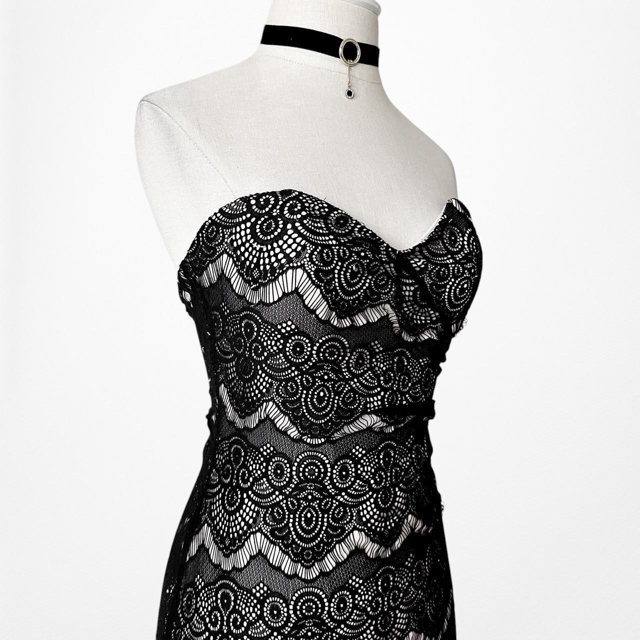 Vintage Black Strapless Lace Bodycon Side Slit Maxi Prom Dress Size XS