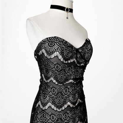 Vintage Black Strapless Lace Bodycon Side Slit Maxi Prom Dress Size XS