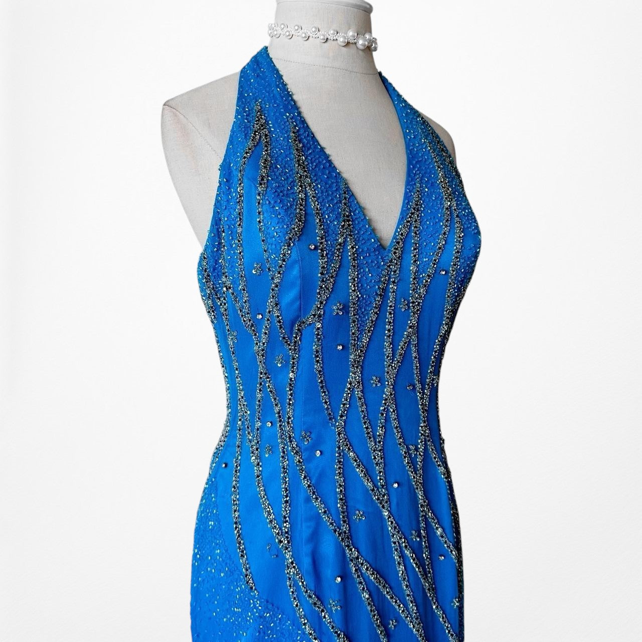 Vintage Blue Silk Beaded Scarf Halter Maxi Bodycon Prom Dress Size S/M