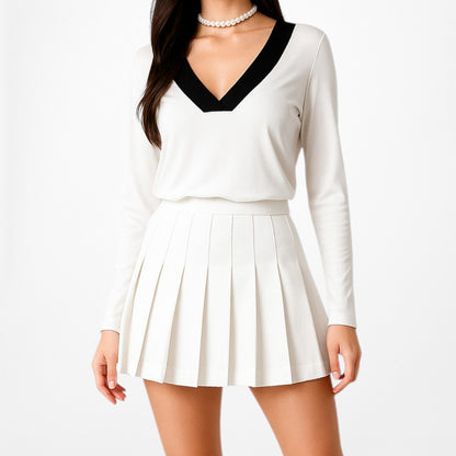 Mango White Black Colorblock Long Sleeve VNeck Blouse Knit Top Size XS/S