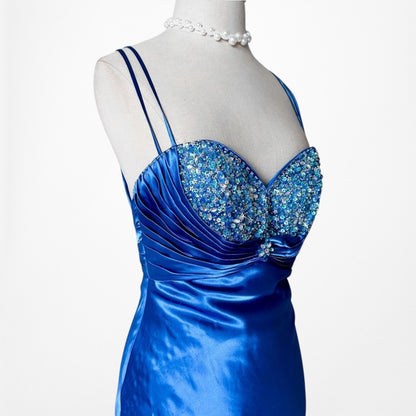 Vintage Blue Satin Fit Flared Beaded Maxi Prom Dress Size S/M