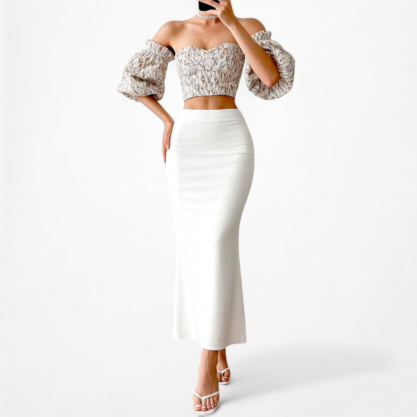 Song of Style Gray Floral Print Puffy Sleeve Sweetheart Crop Top Size XXS/XS