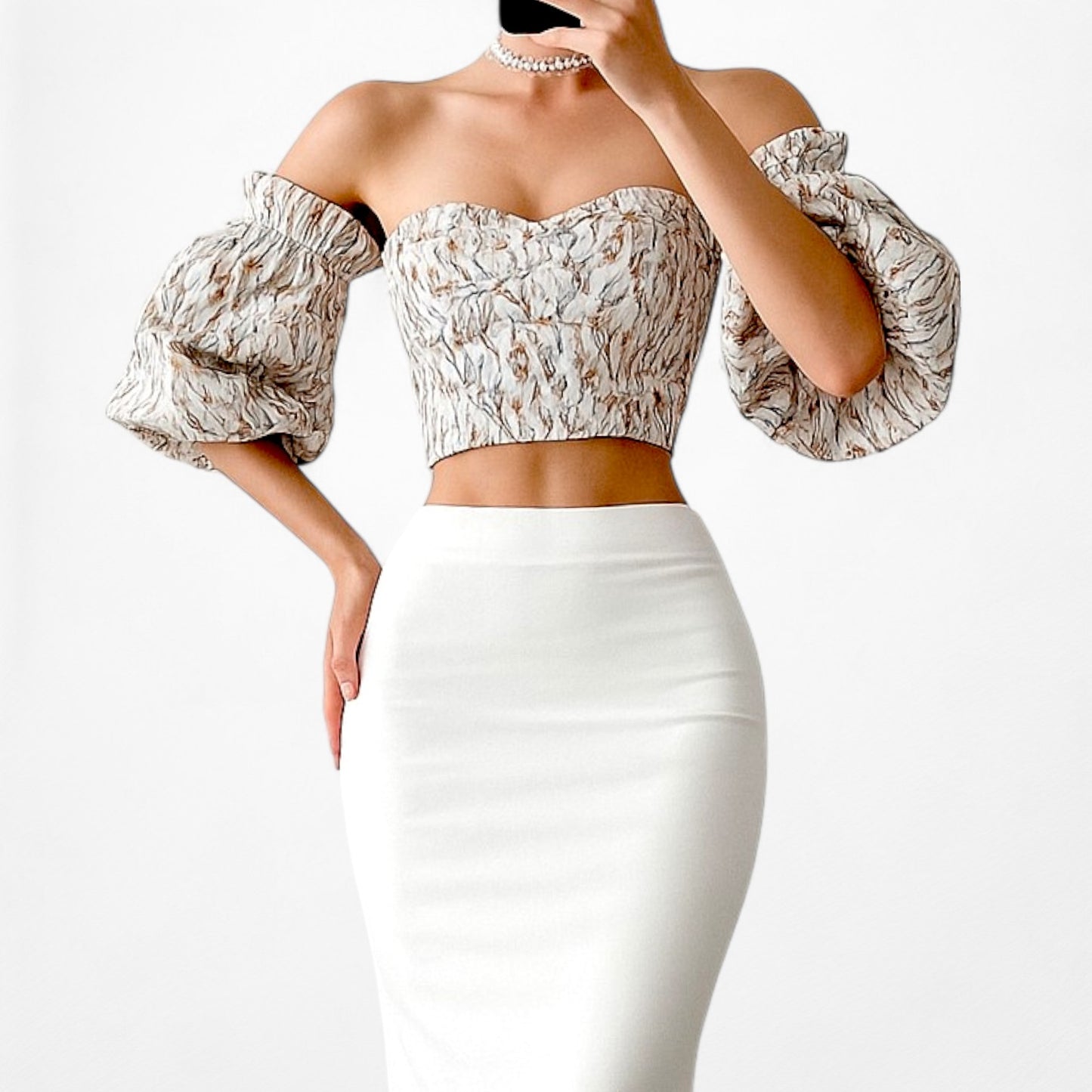 Song of Style Gray Floral Print Puffy Sleeve Sweetheart Crop Top Size XXS/XS