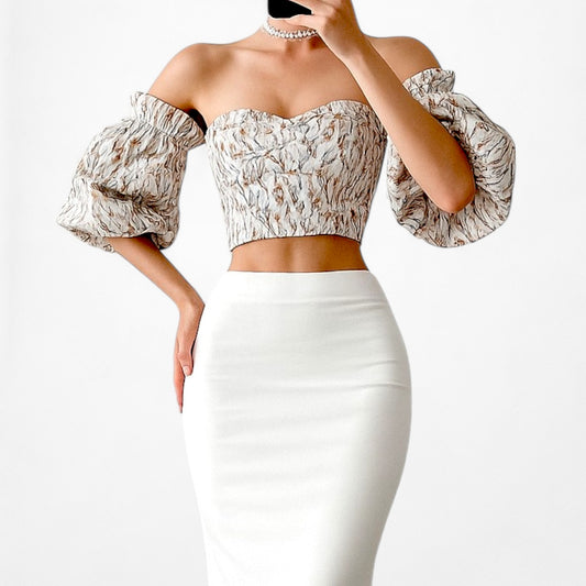 Song of Style Gray Floral Print Puffy Sleeve Sweetheart Crop Top Size XXS/XS