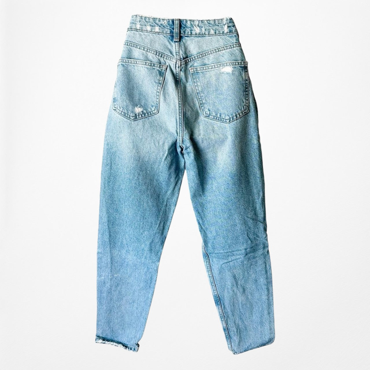 Zara Blue Distressed Destroyed Medium Wash Ripped Knee High Waisted Mom Jeans XS