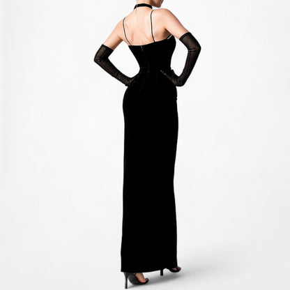 Vintage Black Velvet Rhinestone Side Slit Maxi Bodycon Prom Dress Size XS/S