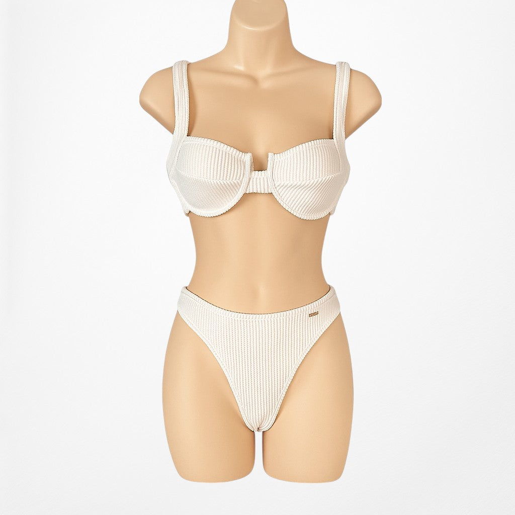 Nasty Gal Off White Ribbed Knit Two Piece Bikini Swim Suit Bathing Suit Size S