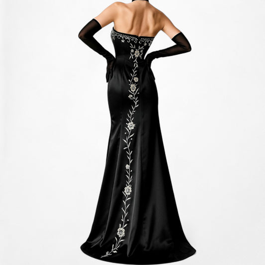 Vintage Black Satin Floral Beaded Embroidered Fit Flared Maxi Cocktail Formal Dress Size XS/S