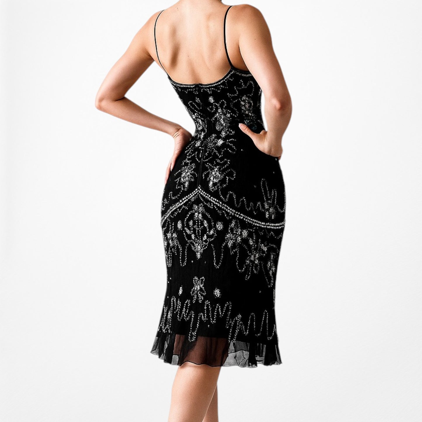 Vintage Black Sequin Beaded Silk Knee Length Bodycon Cocktail Dress Size S