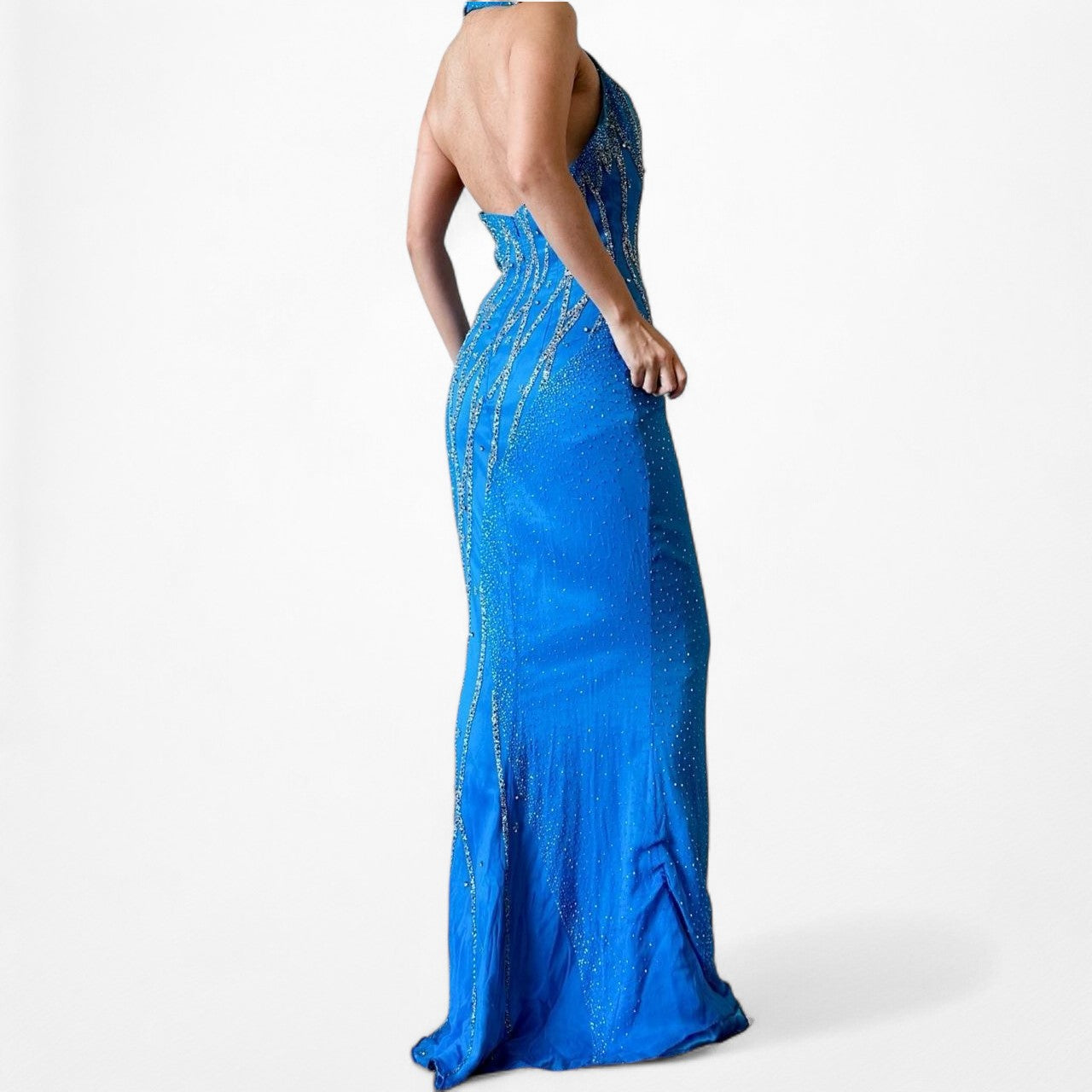 Vintage Blue Silk Beaded Scarf Halter Maxi Bodycon Prom Dress Size S/M