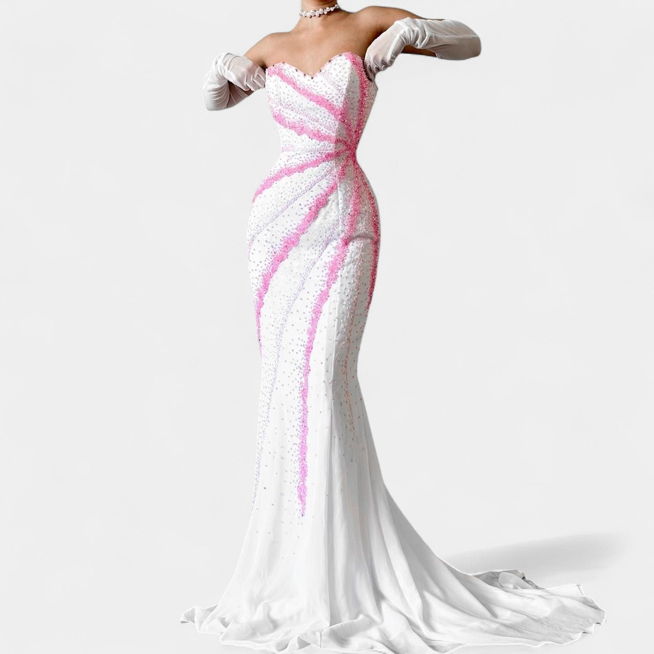 Vintage White Pink Beaded Strapless Bodycon Maxi Prom Dress Size S/M