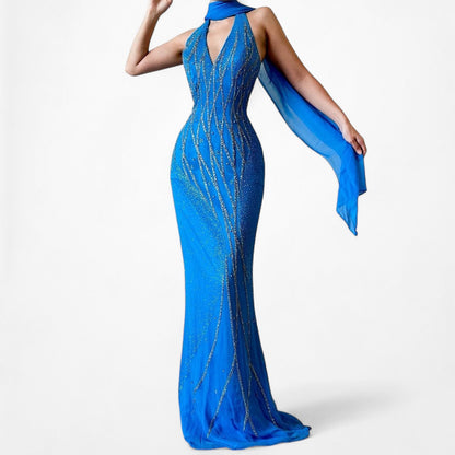 Vintage Blue Silk Beaded Scarf Halter Maxi Bodycon Prom Dress Size S/M