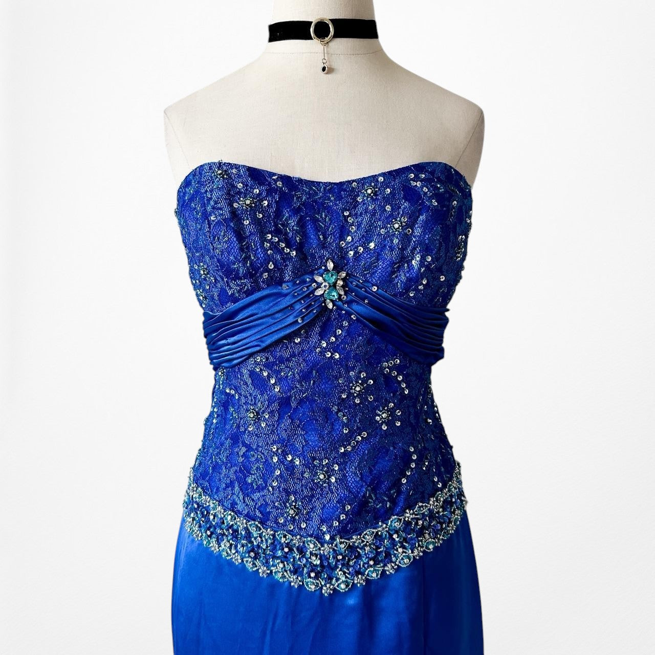 Vintage Blue Strapless Lace Beaded Side Slit Bodycon Maxi Prom Dress Size M