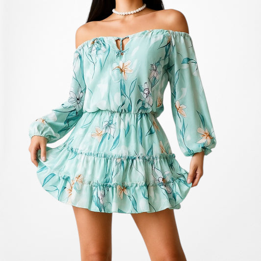 Revolve Yumi Kim Blue Floral Off The Shoulder Long Sleeve Mini Dress Size XS