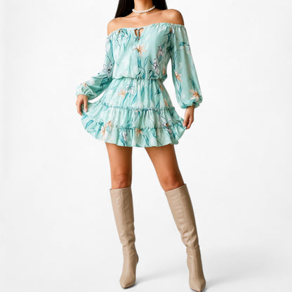 Revolve Yumi Kim Blue Floral Off The Shoulder Long Sleeve Mini Dress Size XS