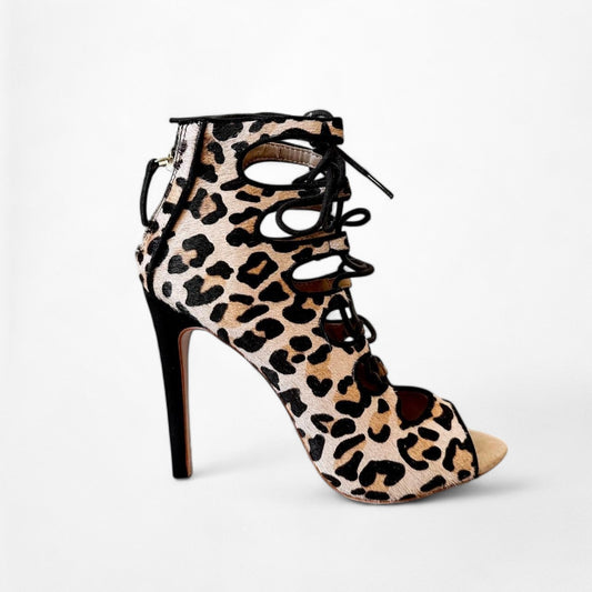 Zara Brown Leopard Print Ankle Lace Up Peep Toe Stiletto Heel Size 5.5/6