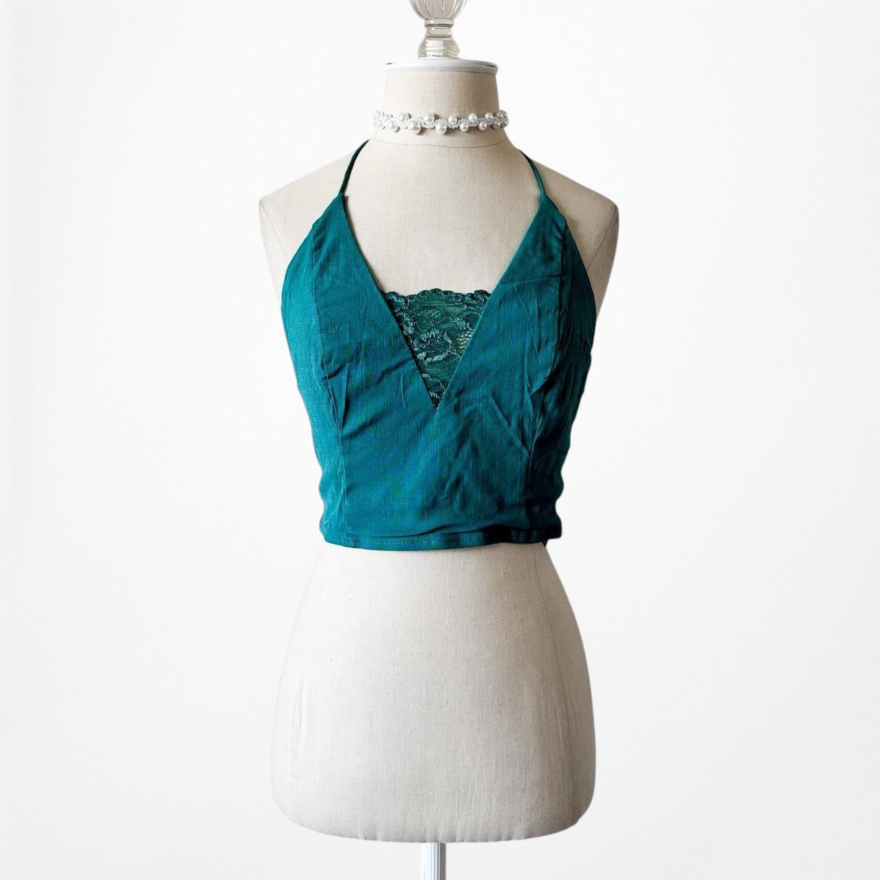 Free People Blue Halter V-Neck Lace Detail Cami Tank Casual Crop Top Size M