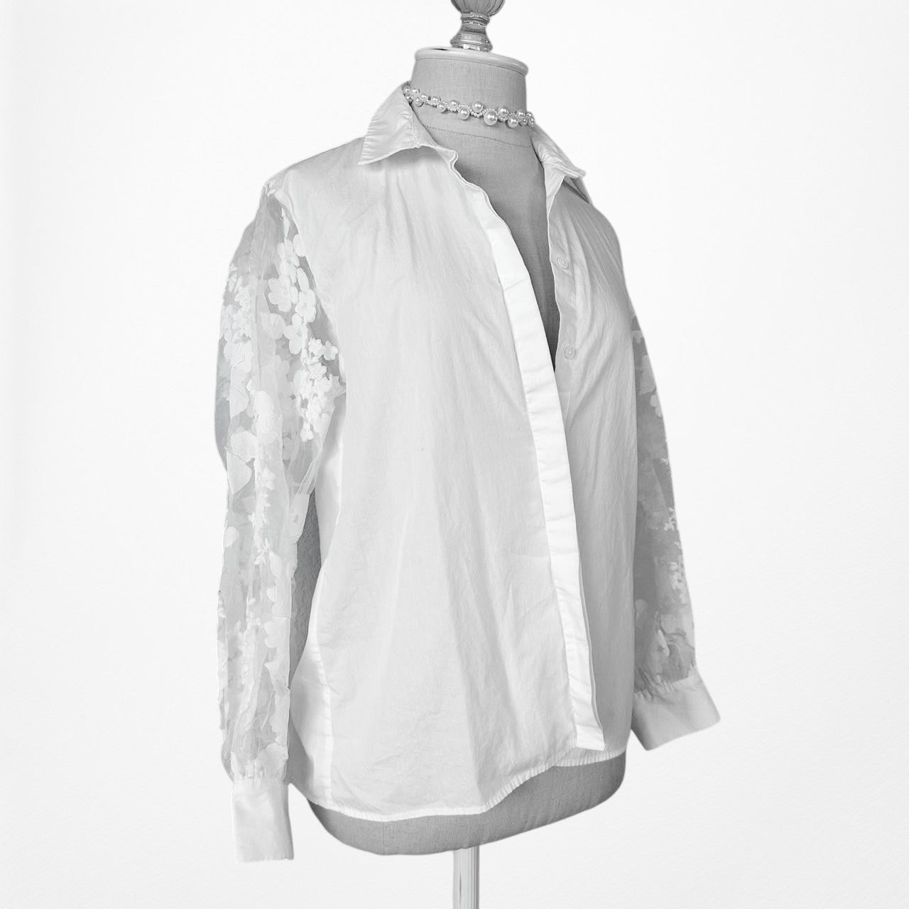 Zara White Floral Lace Organza Puffy Sheer Sleeve Button Down Shirt Size XS