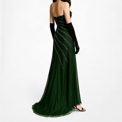 Vintage Green Strapless Silk Beaded High Low Mesh Maxi Flared Dress Size S