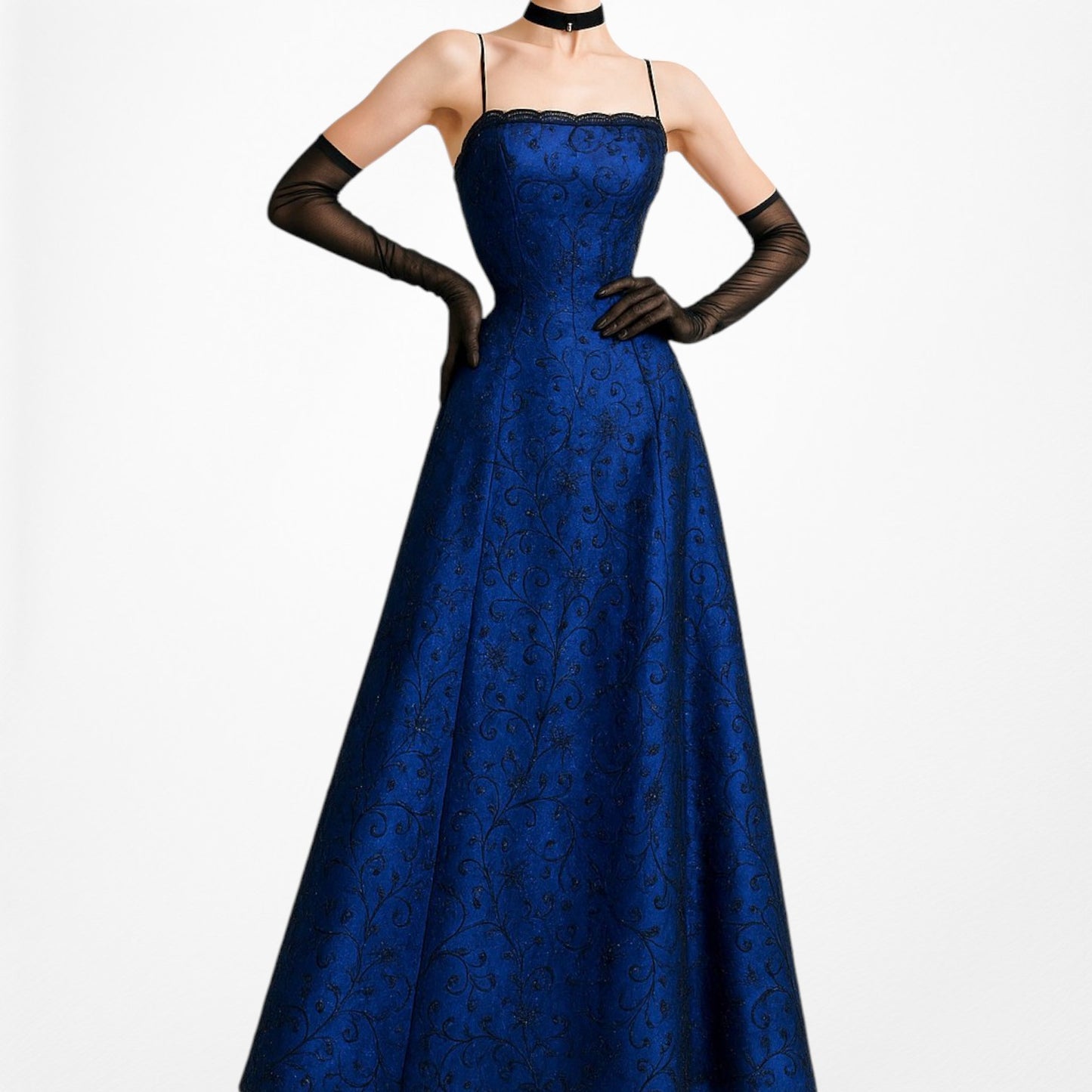 Vintage Black Blue Velvet Mesh Glitter Fit Flared Maxi Prom Dress Size M