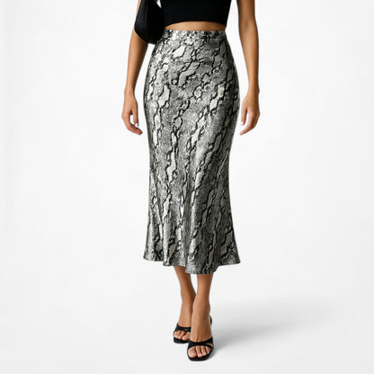 Vintage Gray Satin Animal Snake Print Flowy High Waisted Midi Skirt Size 2/XS/S