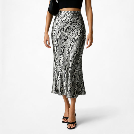 Vintage Gray Satin Animal Snake Print Flowy High Waisted Midi Skirt Size 2/XS/S