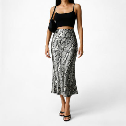 Vintage Gray Satin Animal Snake Print Flowy High Waisted Midi Skirt Size 2/XS/S