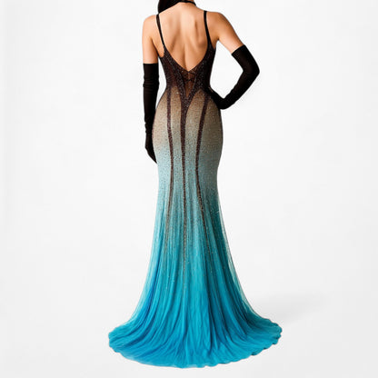 Vintage Blue Brown Silk Beaded Maxi Bodycon Formal Cocktail Prom Dress Size S