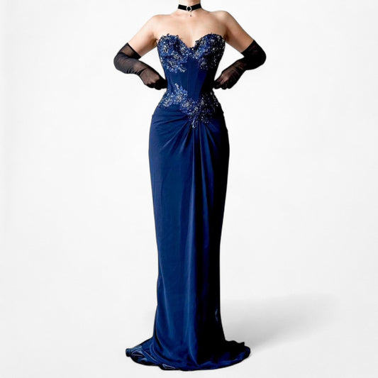 Vintage Navy Blue Lace Beaded Corset Bustier Maxi Prom Dress Size S/M