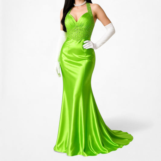 Neon Green Beaded Satin Maxi Bodycon Formal Prom Dress Size S