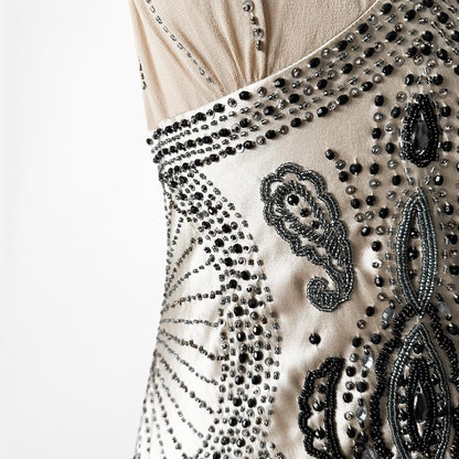 Vintage Ivory Beige Silk Beaded Bodycon Side Slit Maxi Prom Dress Size S/M