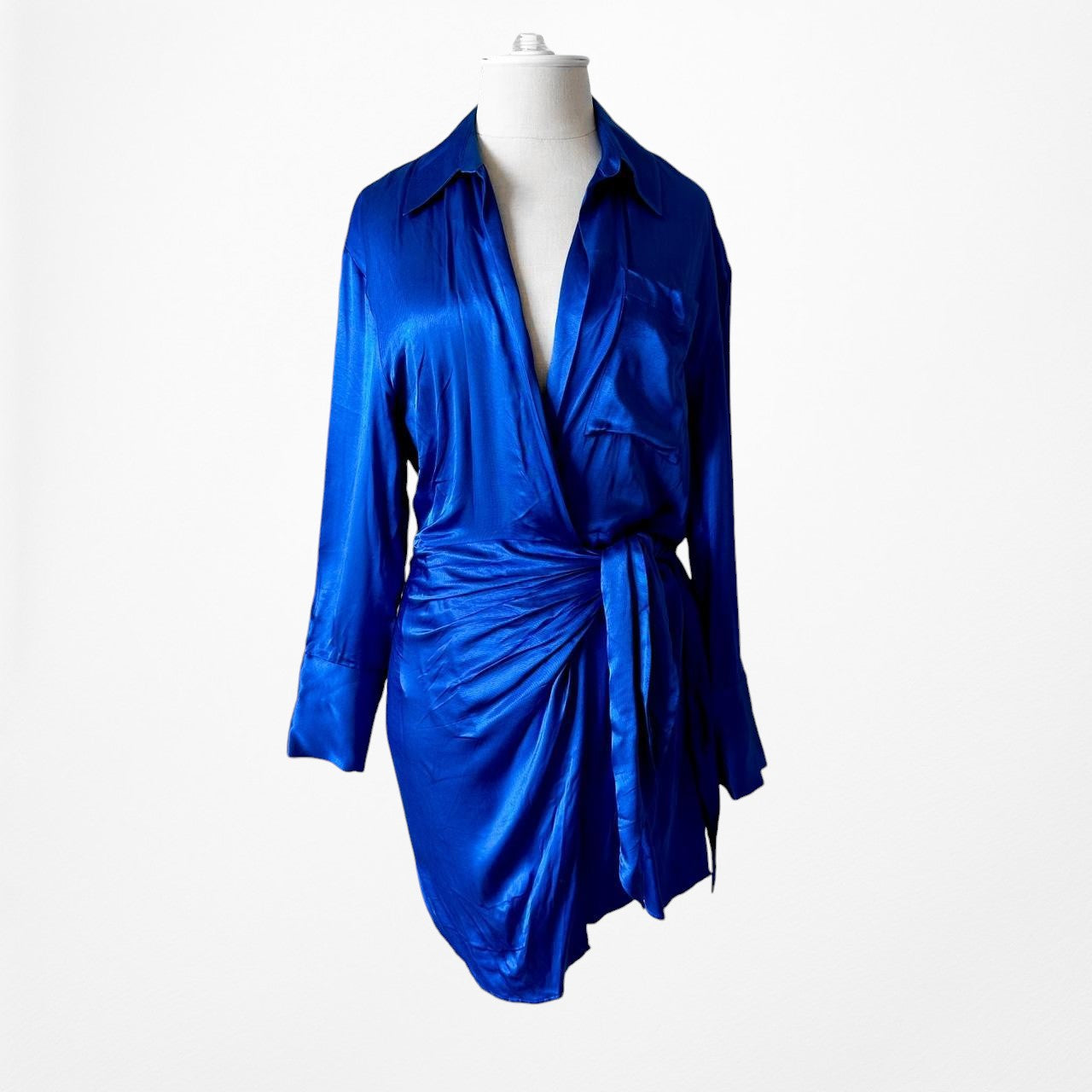 Zara Blue Satin Long Sleeve Wrap Mini Shirt Dress Size XS/S