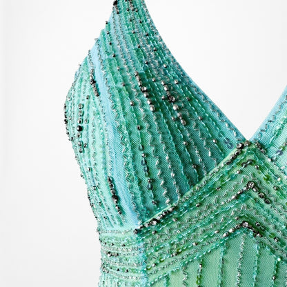 Vintage Blue Green Fit Flared Beaded Halter Mesh Maxi Prom Dress Size S