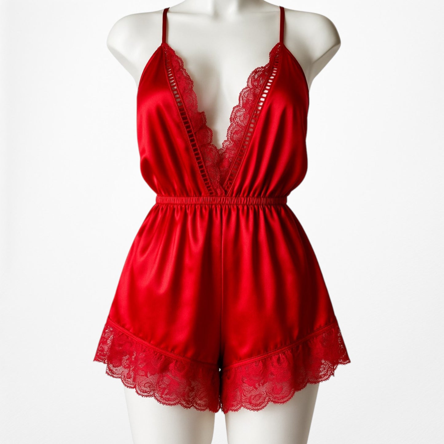 Missguided Red Satin Lace Trim Lingerie Inspired Romper Dress Size S