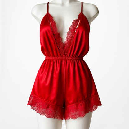 Missguided Red Satin Lace Trim Lingerie Inspired Romper Dress Size S