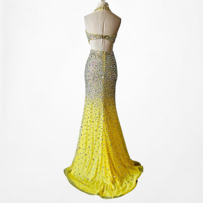 Vintage Yellow Rhinestone Beaded Cutout Maxi Prom Dress Size XS/S