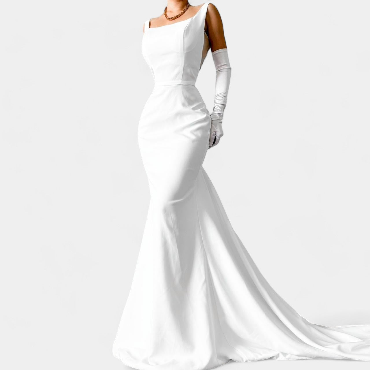 White Fit Flared Fishtail Bodycon Maxi Wedding Prom Dress With Train Size M