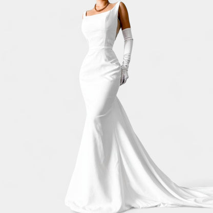White Fit Flared Fishtail Bodycon Maxi Wedding Prom Dress With Train Size M