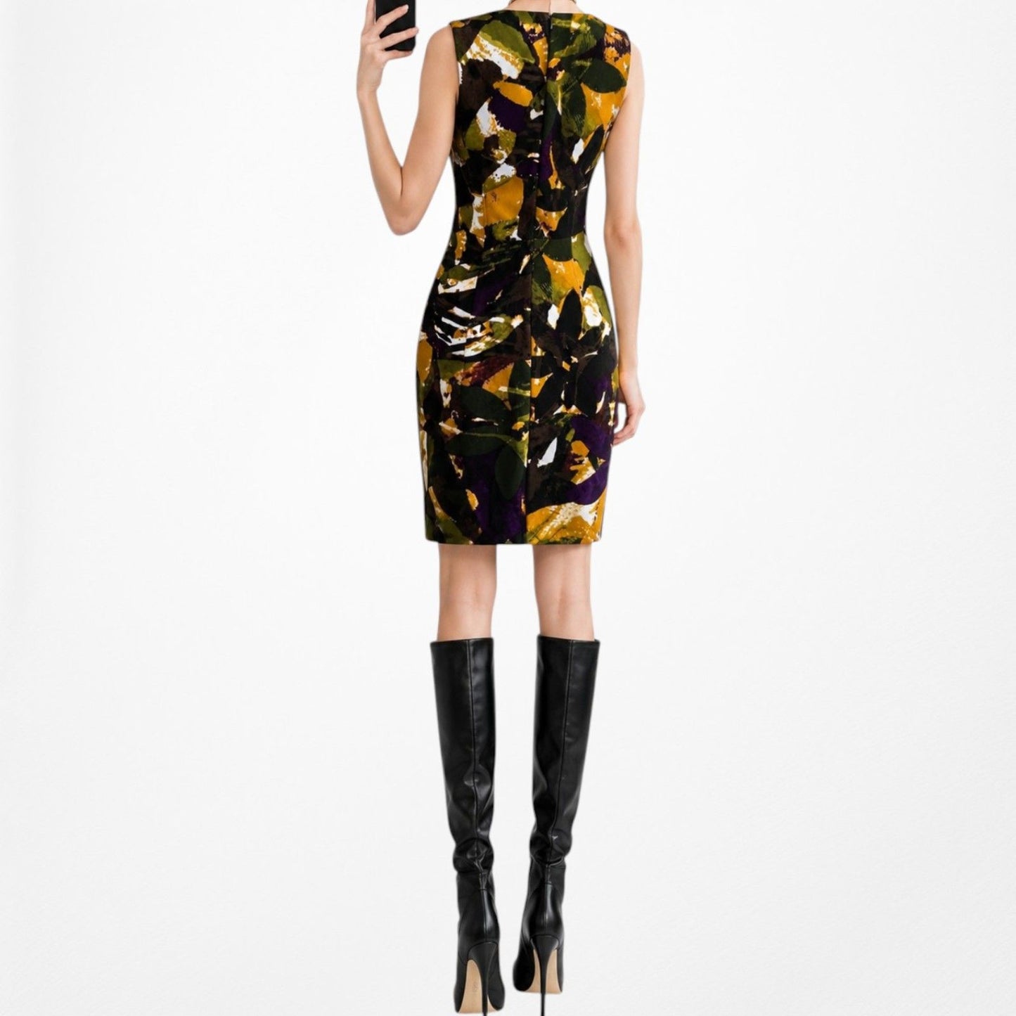 Vintage Y2K 90s Yellow Geometric Print Sleeveless Knit Knee Length Dress Size S