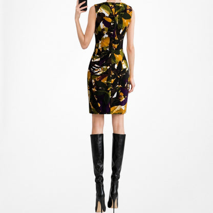 Vintage Y2K 90s Yellow Geometric Print Sleeveless Knit Knee Length Dress Size S