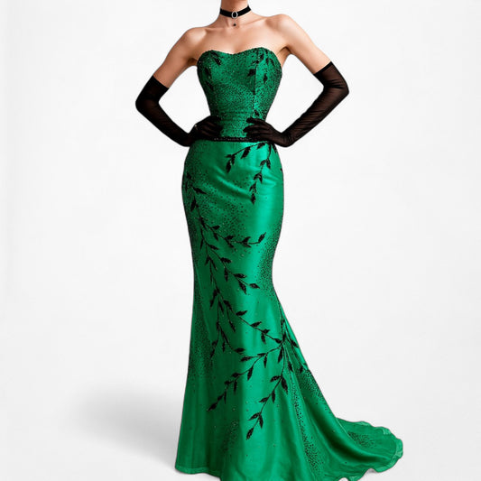 Vintage Green Two Piece Floral Beaded Silk Strapless Maxi Prom Dress Size S