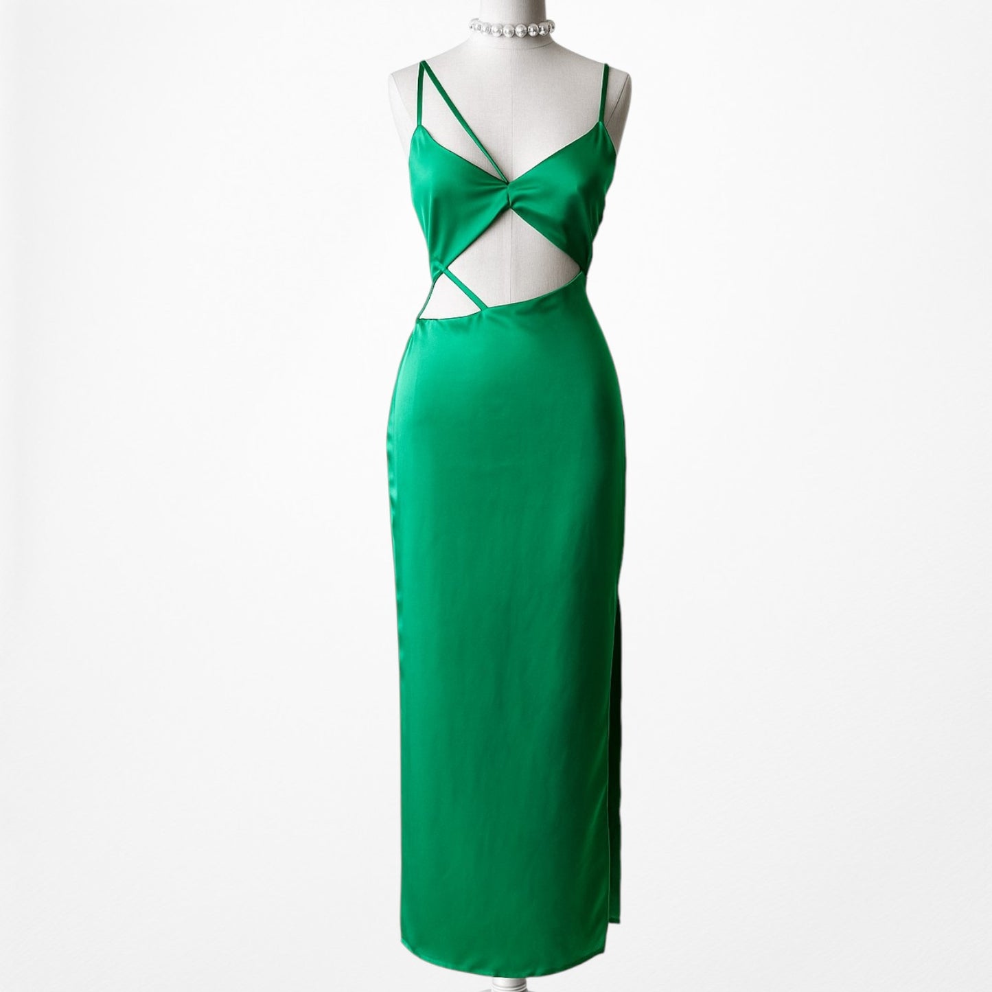 Zara Green Satin Cutout Strappy Side Slit Midi Bodycon Dress Size XS